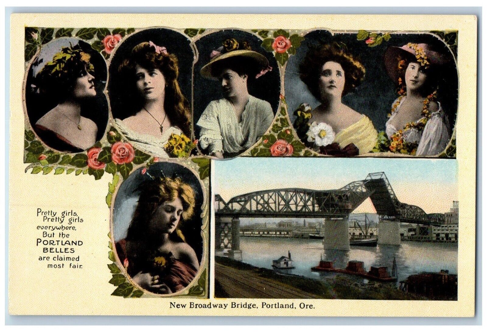 Portland Oregon OR Postcard New Broadway Bridge Pretty Girls c1930's Vintage