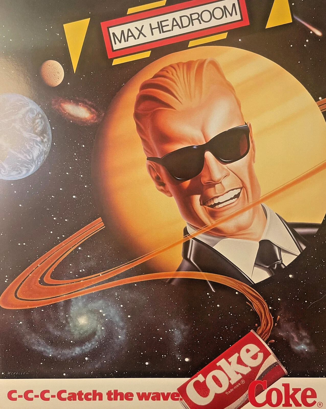 Vintage 1986 Max Headroom Coca-Cola Poster 🚀 Catch the Wave Space Ad Litho