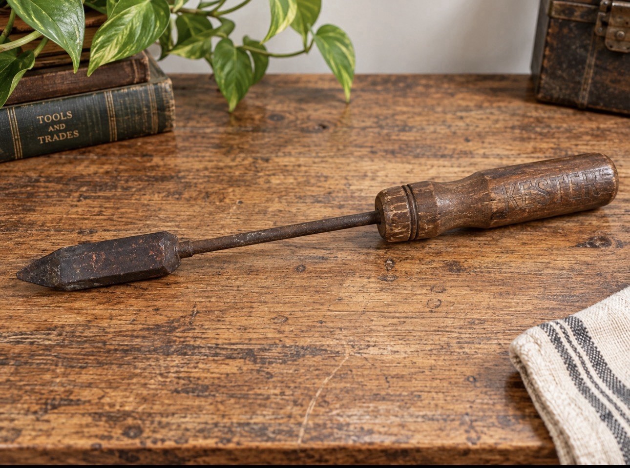 Vintage Kester Soldering Iron Copper Wood Handle Antique Tinsmith Tool 13.25”