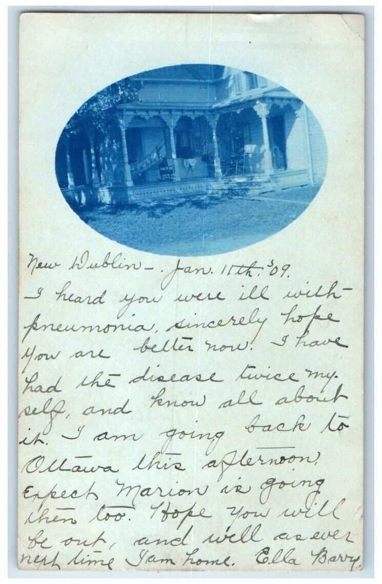 1909 Residence Front Porch View Cyanotype New Dublin Ontario RPPC Photo Postcard