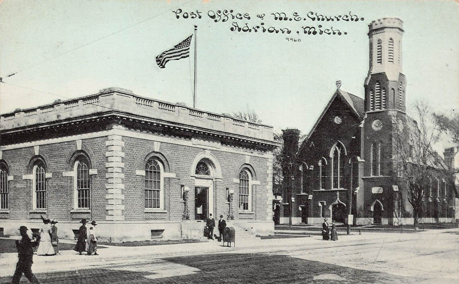 Adrian MI Michigan Main Street Post Office Church Lenawee County Vtg Postcard Z9
