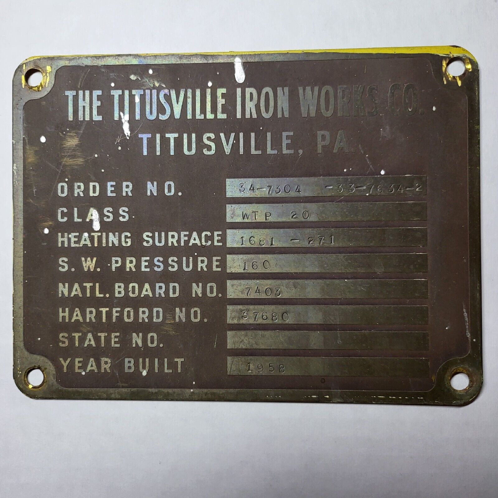 1958 Titusville Iron Works Oil Engine Boiler Superheater Brass ID Plate