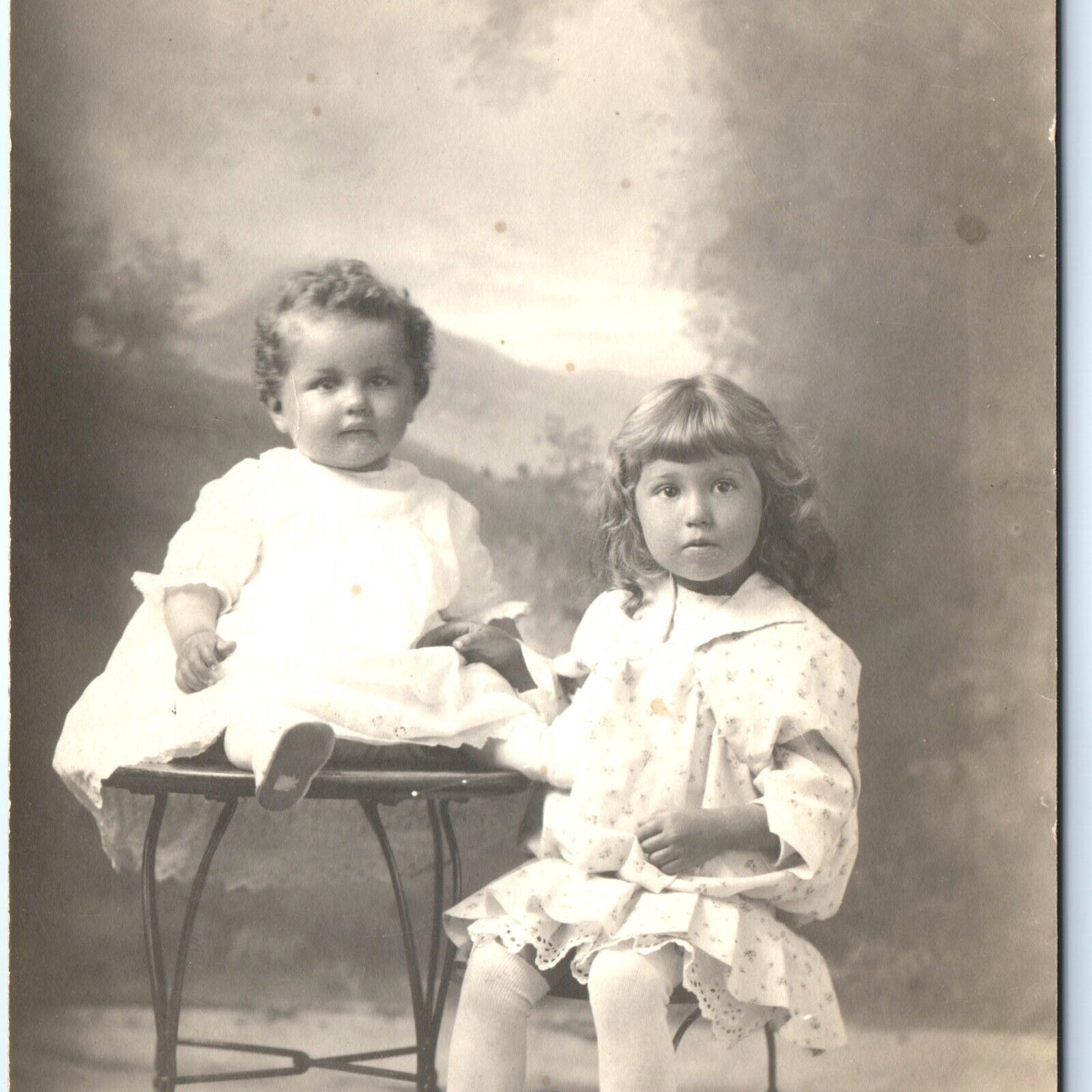 c1910s Adorable Siblings RPPC Baby Boy in Dress Cute Little Girl Real Photo A144