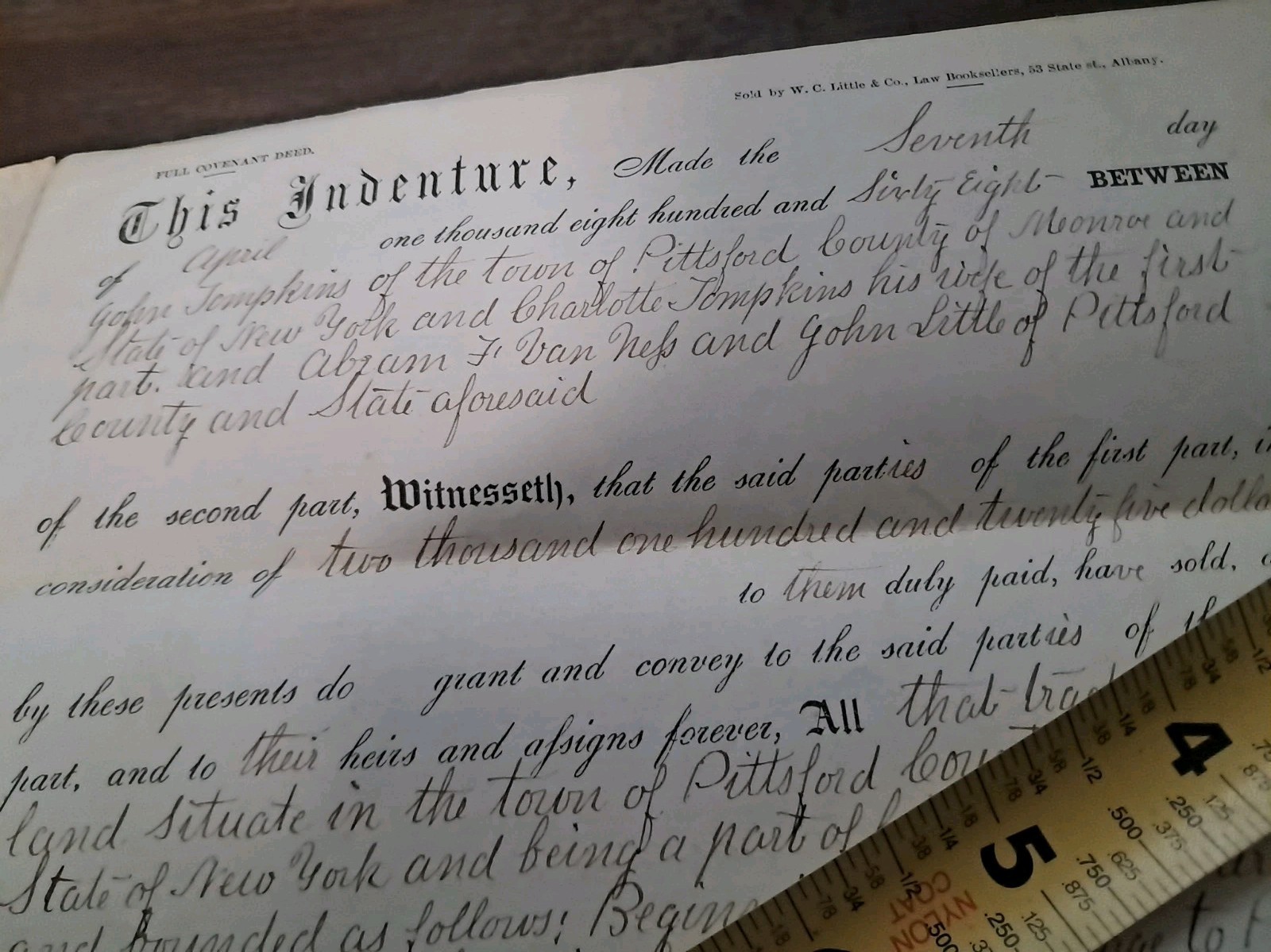 1868 PITTSFORD NEW YORK MONROE COUNTY antique DEED LAND TOMPKINS family