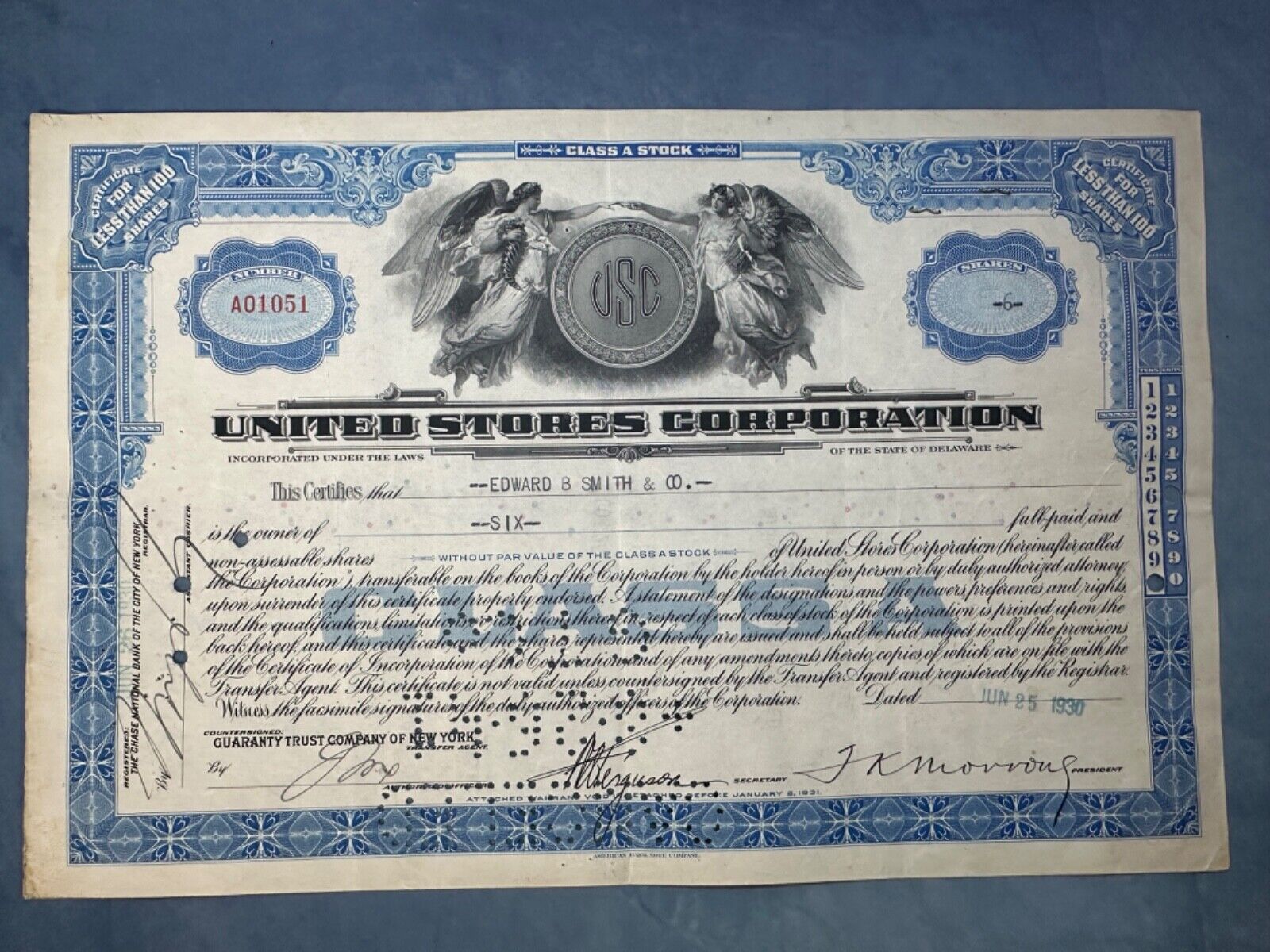 Vintage 1930 United Stores Corporation Class A Stock Certificate - Rare