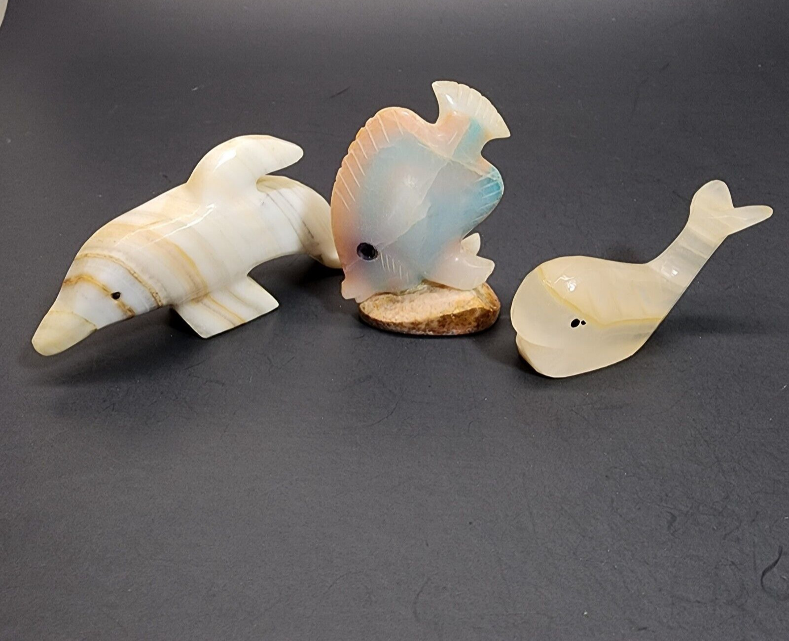 Vintage Onyx Dolphin Fish Whale Hand Carved Beach Souvenir Set of 3 Sea Animals