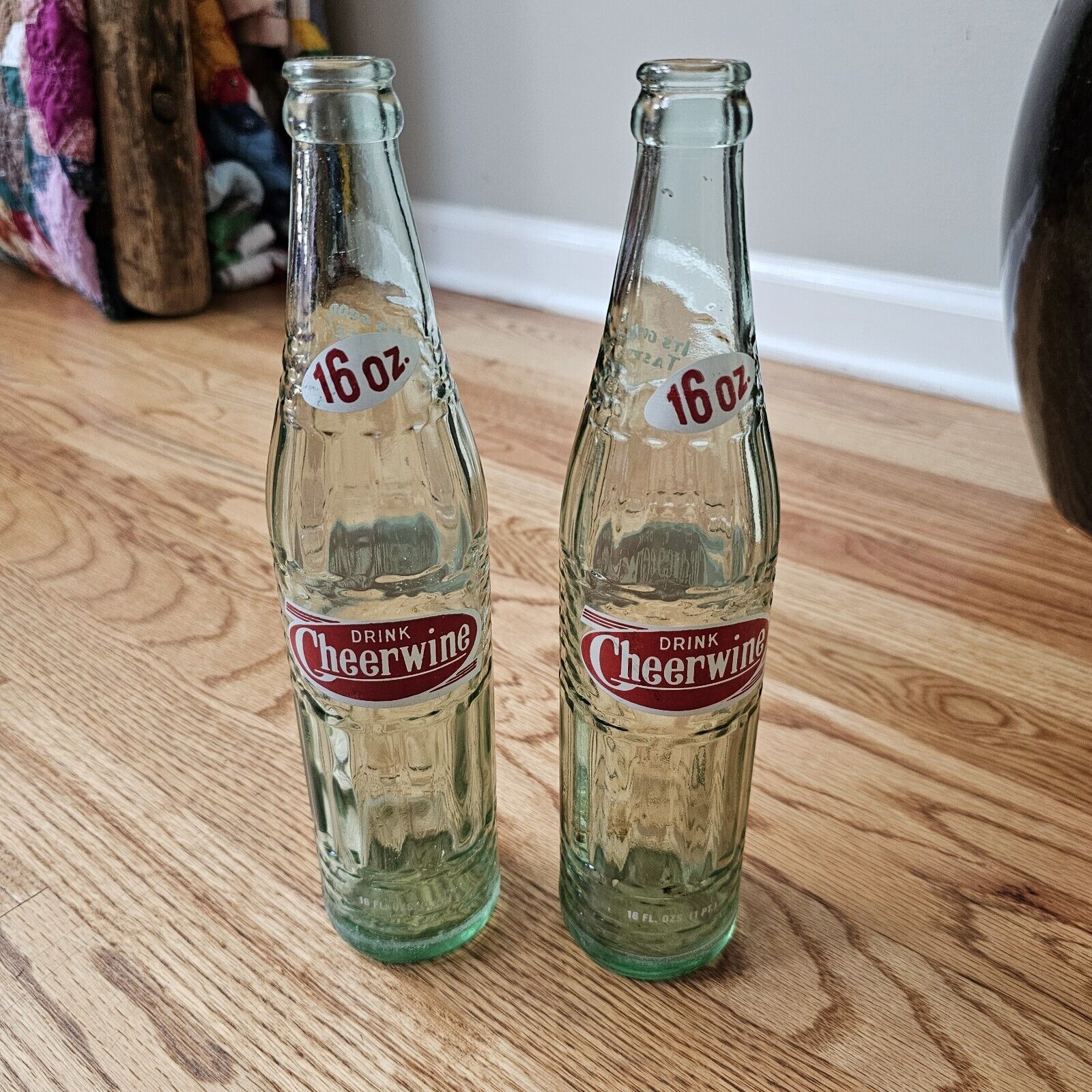 Vintage Cheerwine ACL 16 oz Green Glass Soda Bottle Advertising Used SET OF TWO