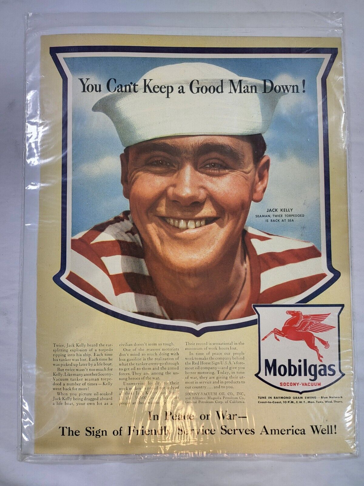 1940's Mobilgas  WWII Twice Torpedoed Jack Kelly Seaman Home Front Print Ad