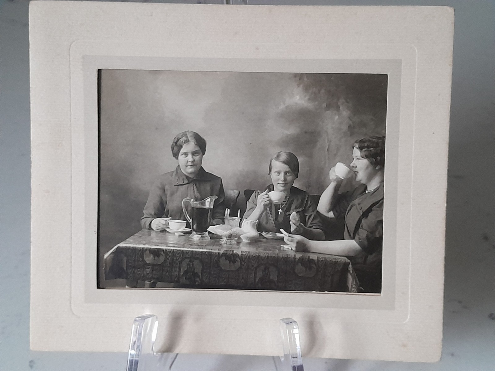 OOAK Antique 1913 Women Drinking Coffee Personal Portrait Matted Postcard Photo OOAK Antique 1913 Women Drinking Coffee Personal Portrait Matted Postcard Photo