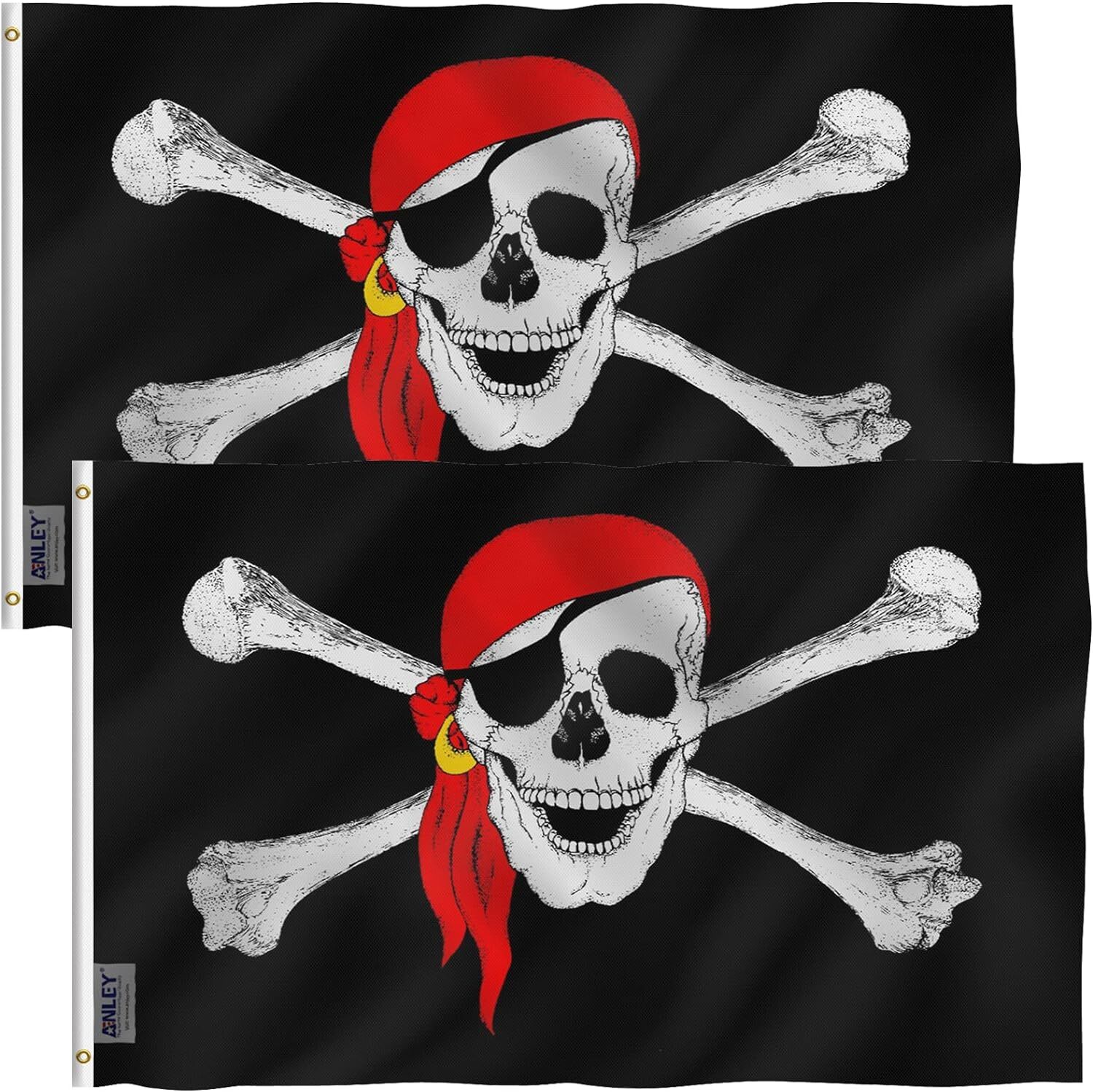 Anley Pack of 2 Fly Breeze 3x5 Ft Jolly Roger Flag with Red Bandana Pirate Flags