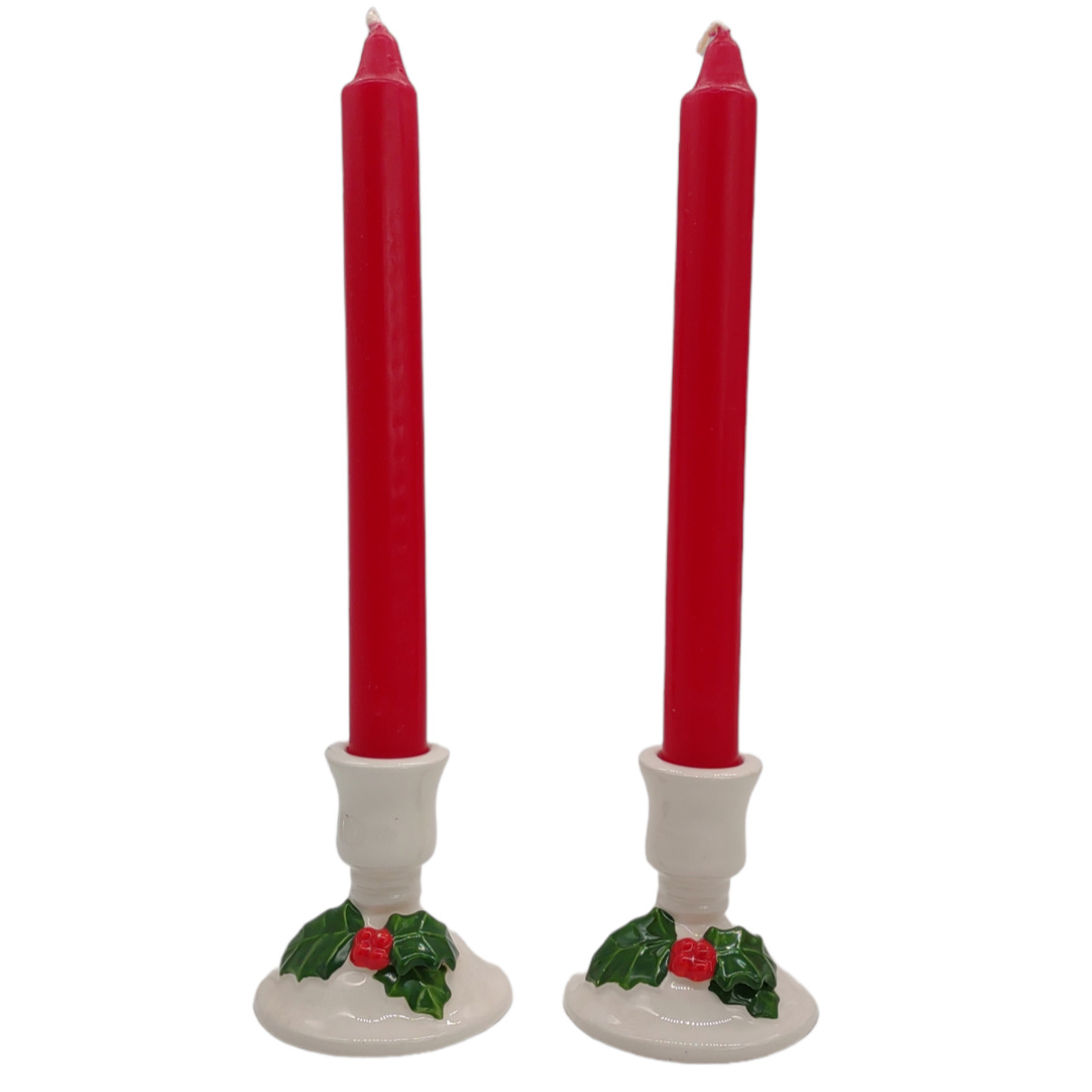 Vintage Lillian Vernon Christmas Holly Berries Ceramic Candle Sticks & Holders