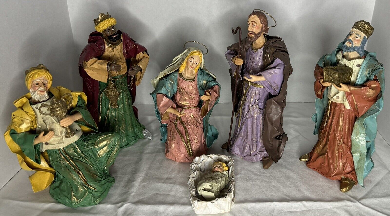 Vintage Rare Silvestri Paper Mache Nativity Mary Joseph 3 Wise Men Baby Jesus