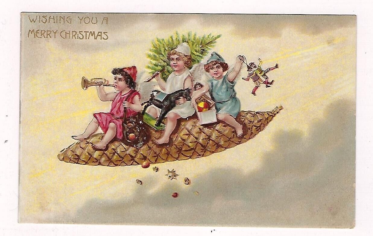Early 1900's  Fantasy Chistmas Postcard 3 Cherubs Skiing On A Pine Cone Unposted