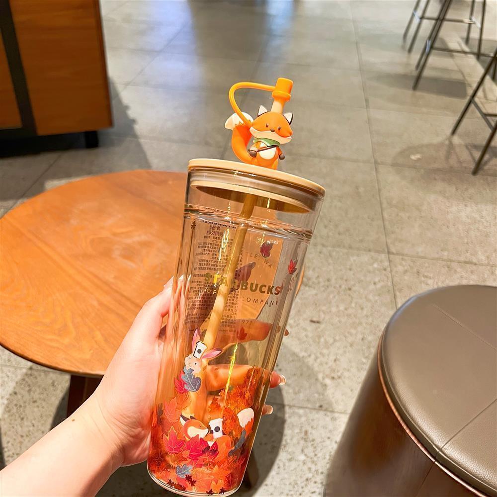 Starbucks Autumn fox Cute Rabbit Maple Leaf Cup Tumbler Straw Double Glass Set