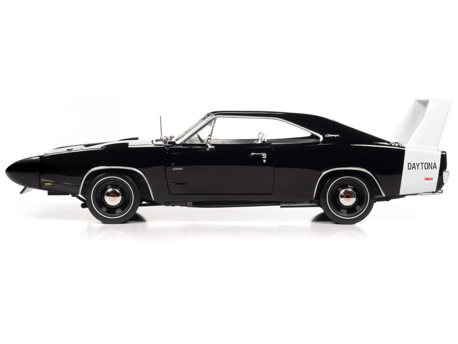 1969 Dodge Charger Daytona X9 Black with White Interior and Tail Stripe