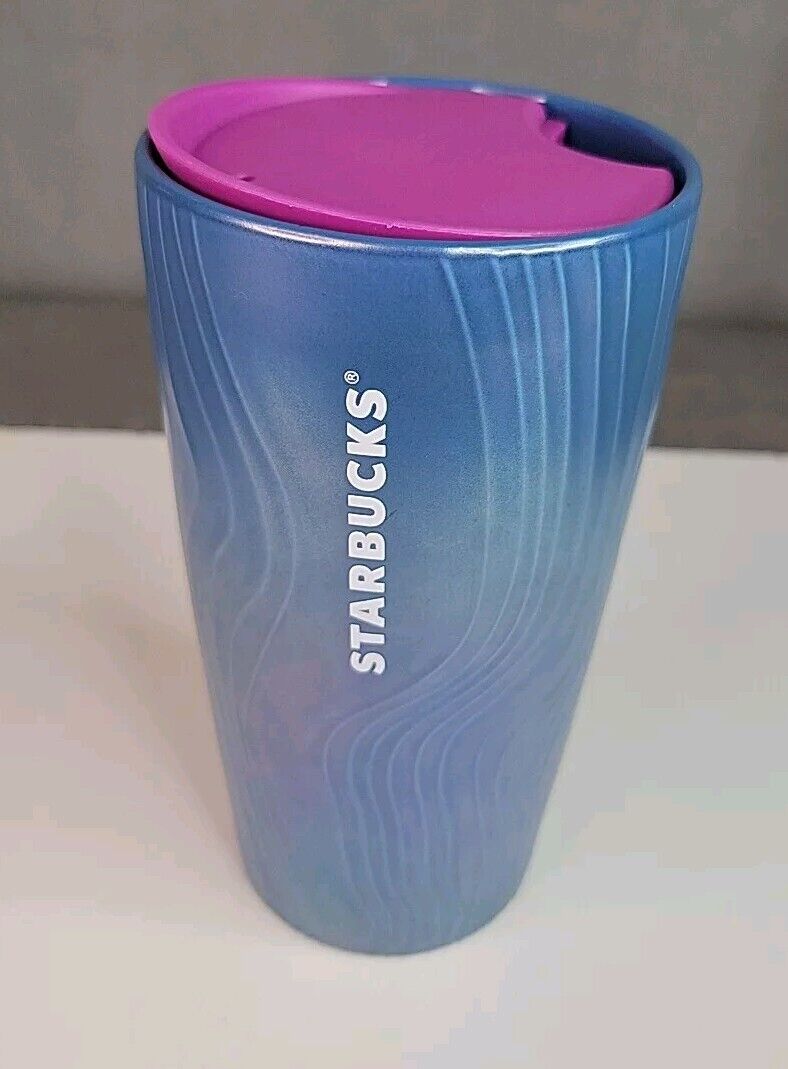 Starbucks 2022 Spring Blue Teal Iridescent Ceramic Travel Tumbler w/ Pink Lid