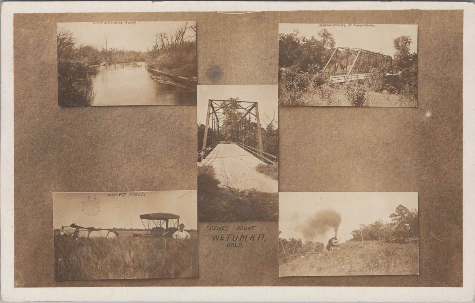 Train,Bridge,River,Wheat Field Wetumka Oklahoma Multiview RPPC 1921 Postcard