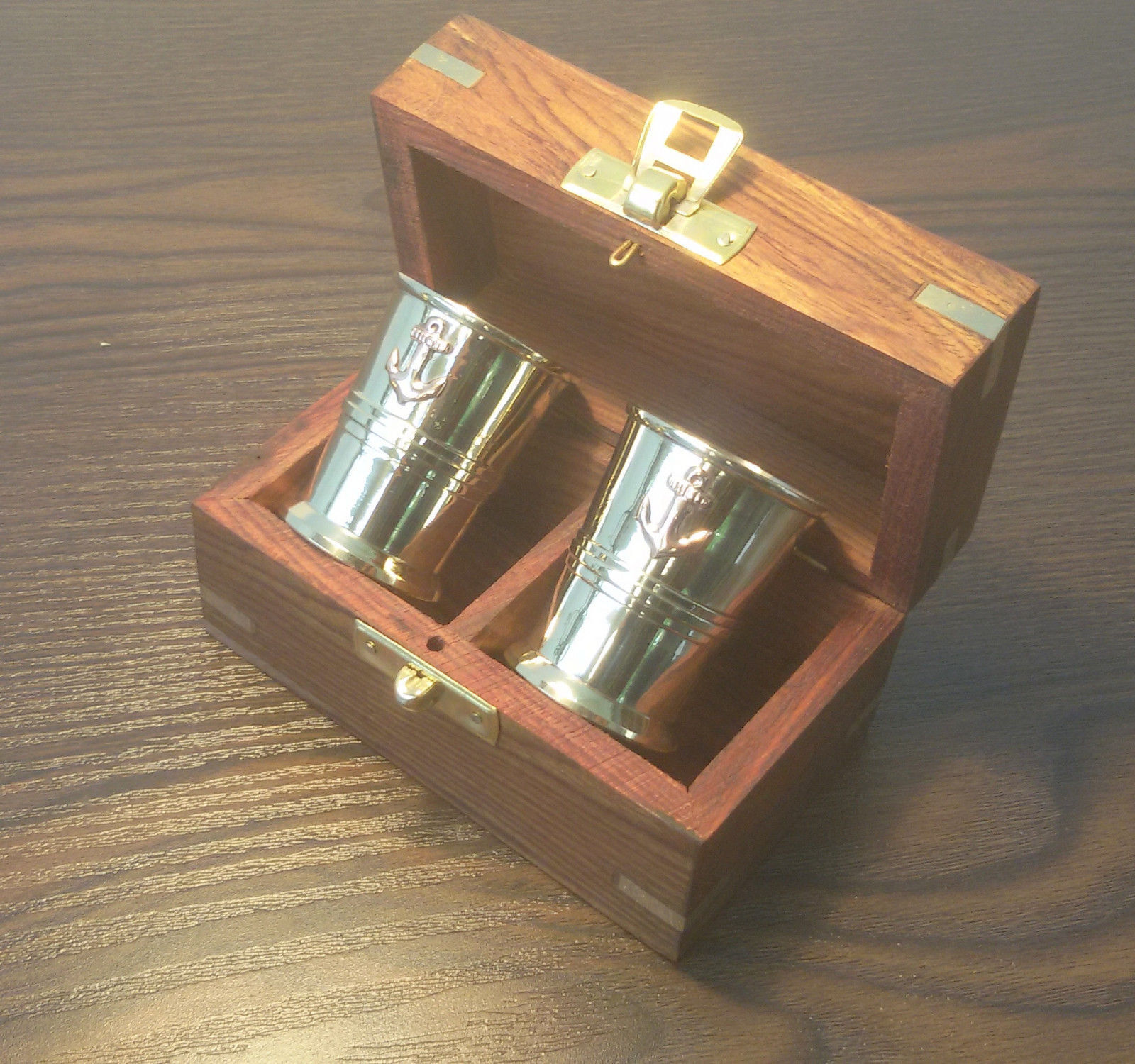 Anchor Nautical Antique Brass Shot Glasses With Handmade Rosewood Box Gift