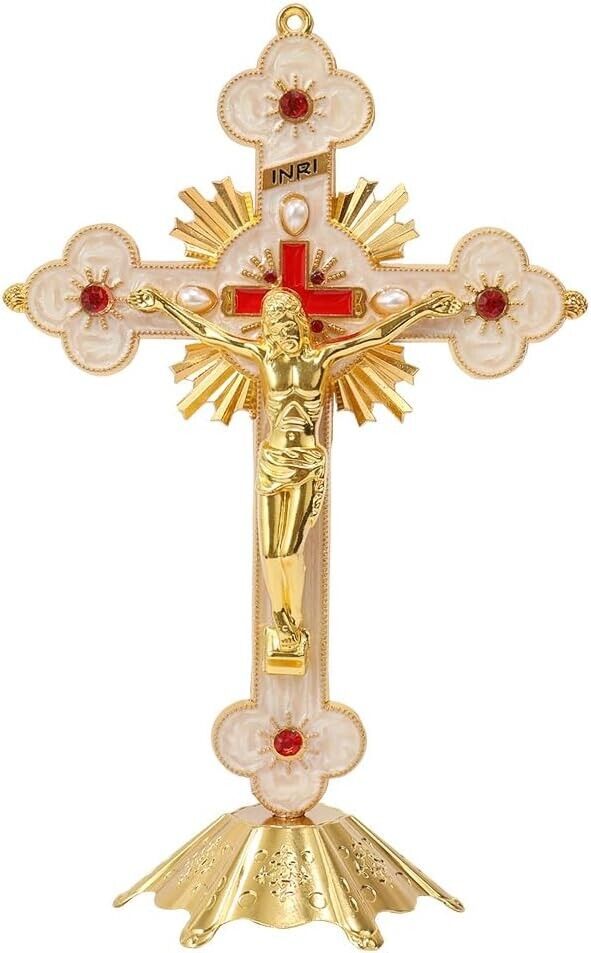 Golden Standing INRI Crucifix Jesus Cross Red Crystallized Glass & White Enamel