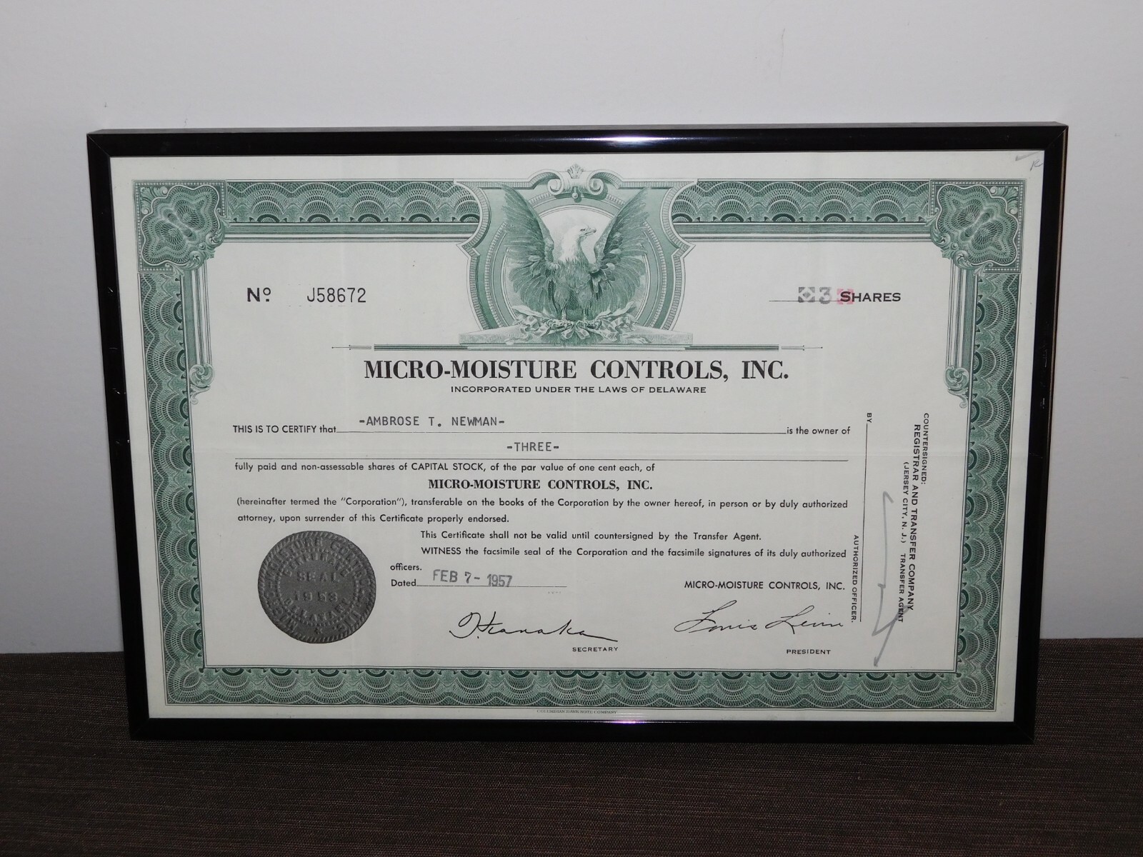 VINTAGE 1957 MICRO-MOISTURE CONTROLS INC DELAWARE NICE FRAMED SOUVENIR VINTAGE 1957 MICRO-MOISTURE CONTROLS INC DELAWARE NICE FRAMED SOUVENIR