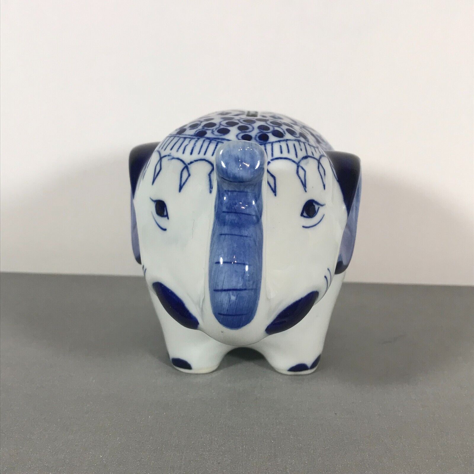 Vintage Blue & White Glazed Ceramic Elephant Piggy Bank