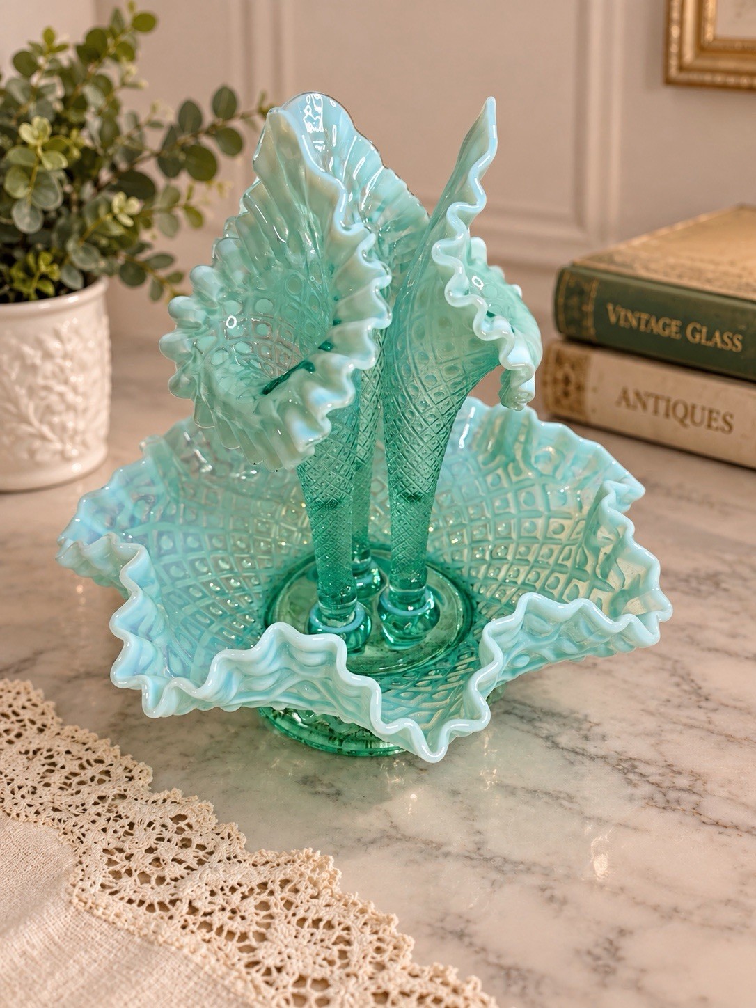 Vintage Fenton Diamond Lace Aqua Opalescent 3 Horn Epergne 11”x11” Vintage Fenton Diamond Lace Aqua Opalescent 3 Horn Epergne 11”x11”