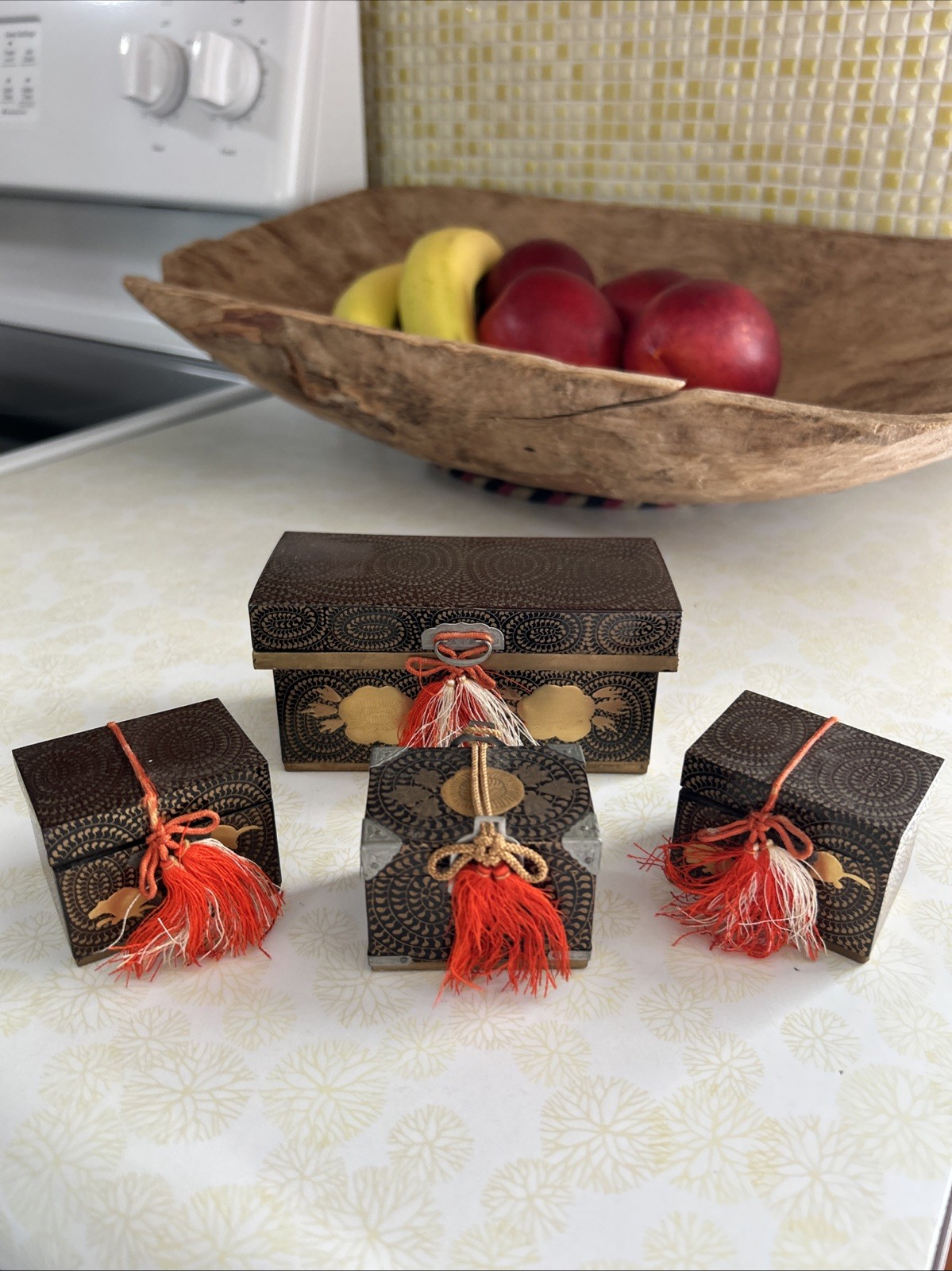 VTG Japanese Hina Dollhouse Furniture Laquer Wood Gold Chest Boxes - Set Of 4 VTG Japanese Hina Dollhouse Furniture Laquer Wood Gold Chest Boxes - Set Of 4