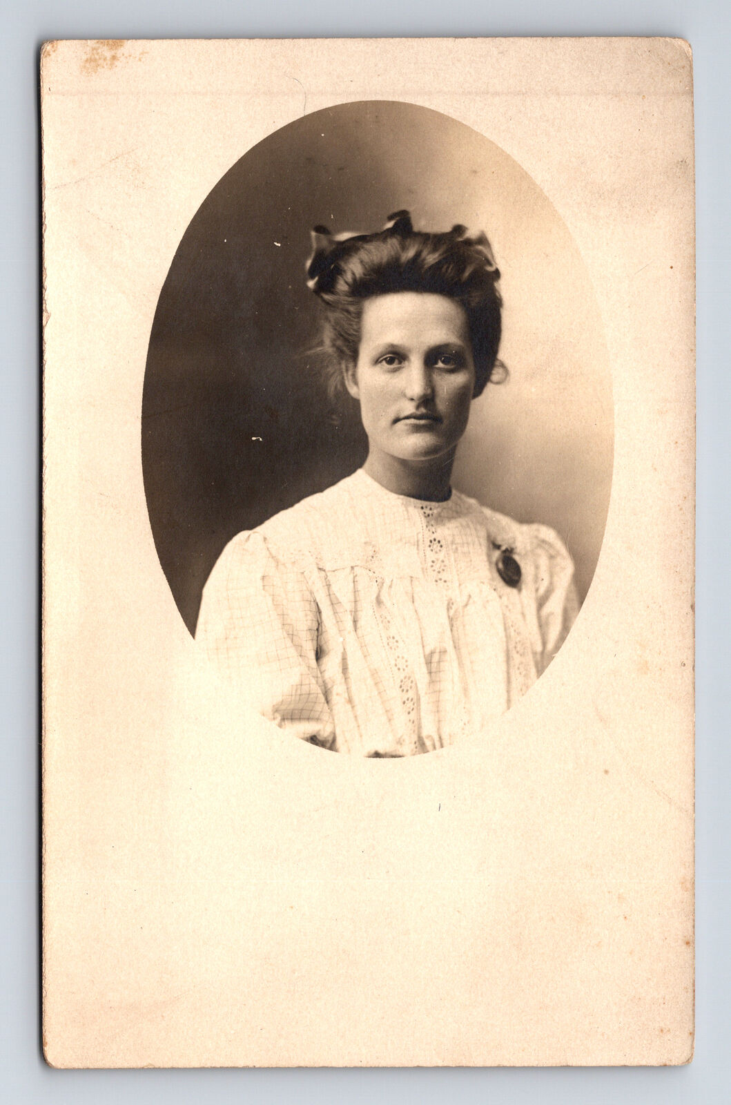 RPPC Studio Cameo Portrait of Young Woman in White Dress Real Photo Postcard