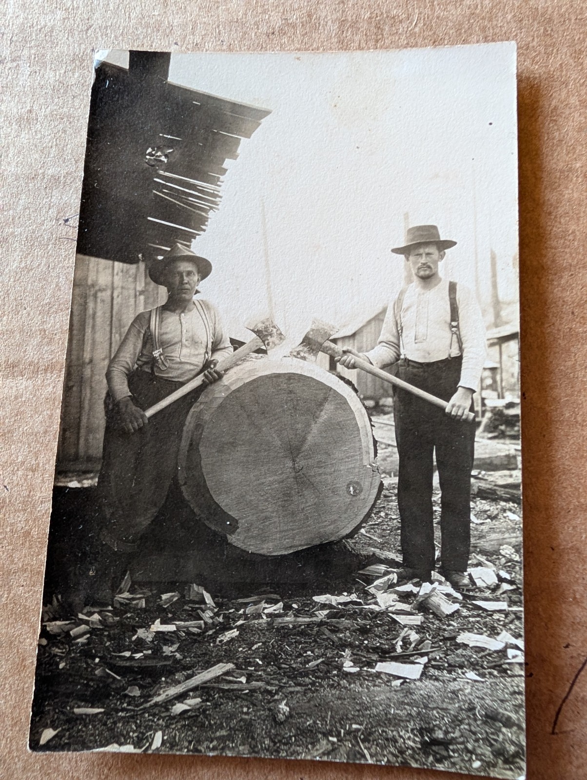 Velox postcard rppc. Loggers Falling Axe With Log. Logging Camp
