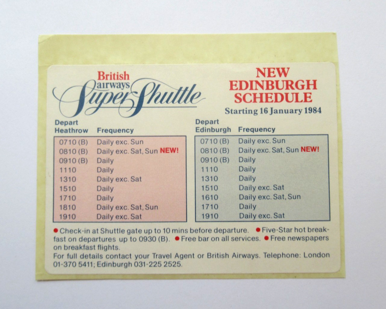 Vintage 1984 British Airways Super Shuttle Flight Timetable Card Edinburgh Vintage 1984 British Airways Super Shuttle Flight Timetable Card Edinburgh