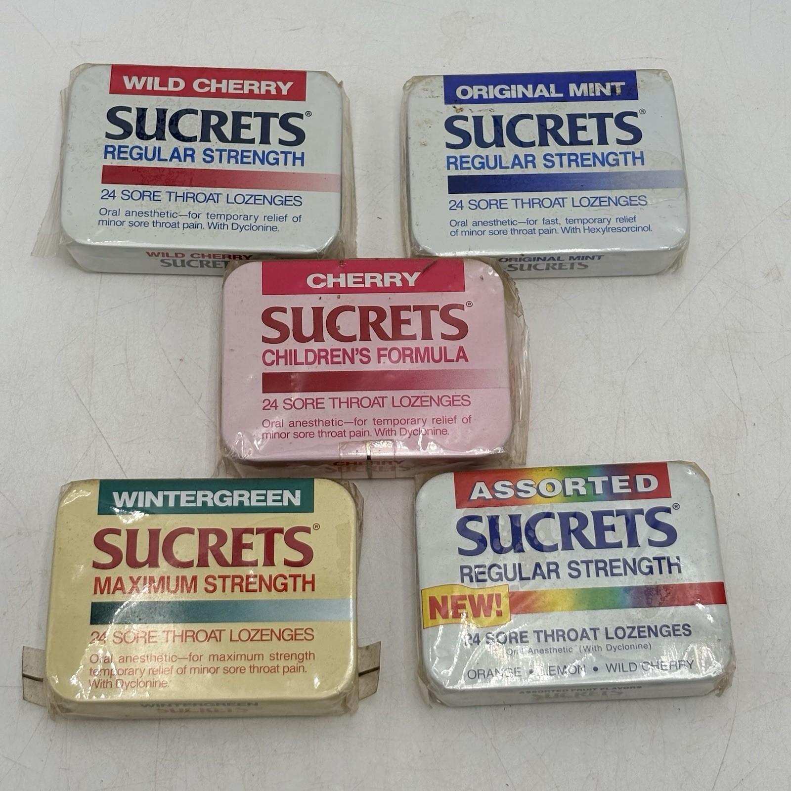 Sucrets Sore Throat Lozenges 5 Tin Lot FULL Sealed 1995 1996 VTG Display Prop