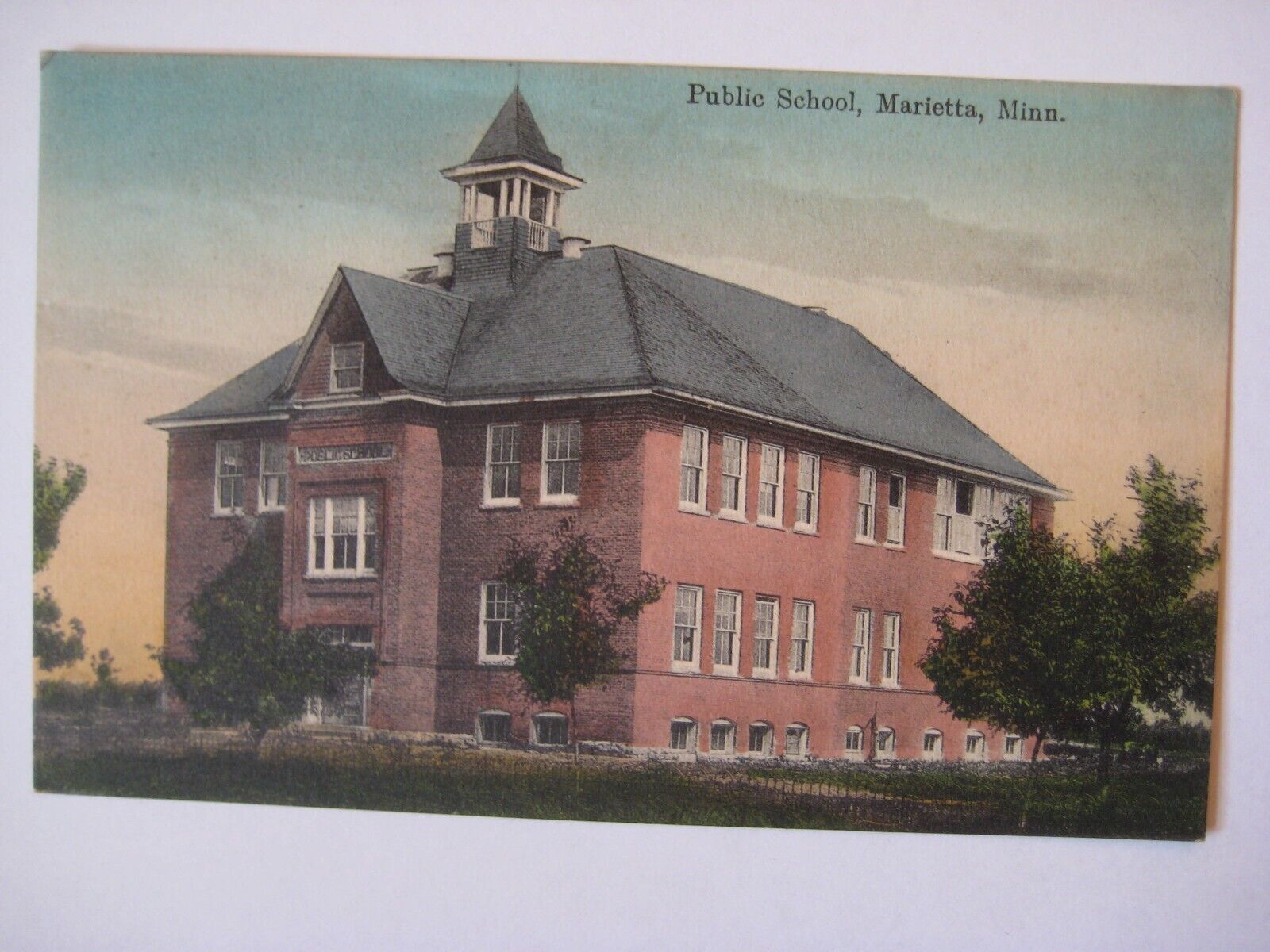 Postcard, Public School, Marietta, MN Minnesota, 1915 postmark