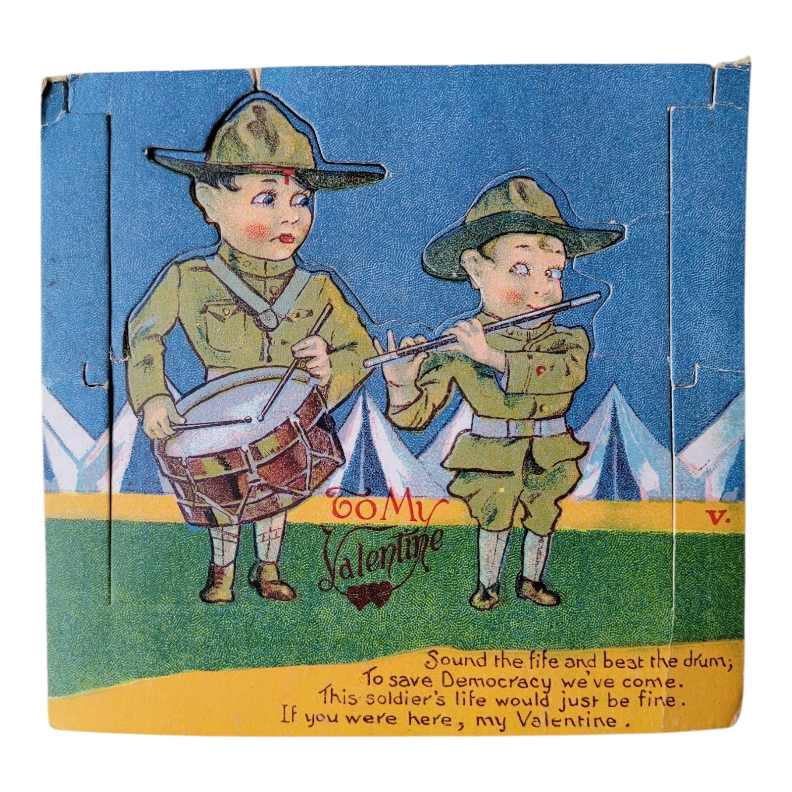 Antique Valentine Card U.S. Army Doughboys Fife Drum WWI Stand Up c.1917-1918 Antique Valentine Card U.S. Army Doughboys Fife Drum WWI Stand Up c.1917-1918
