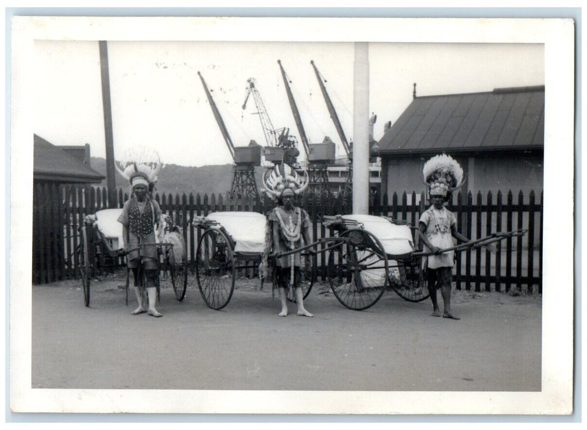 c1940's Rickshaw Drivers Crane View Durban South Africa RPPC Photo Postcard