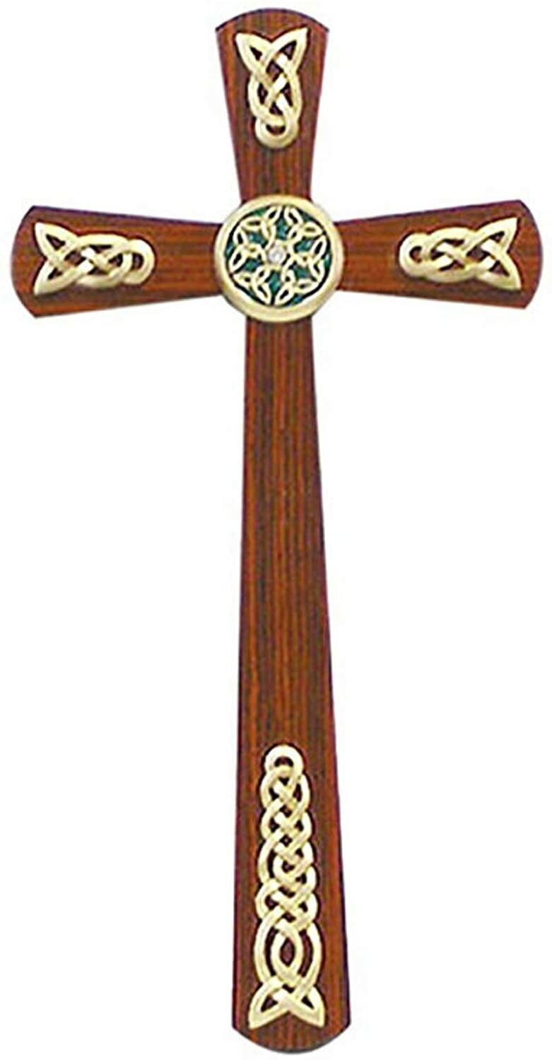 Antiqued Tone Walnut Wood Wall Cross with Gold Tone Celtic Plaque Center ,12 In