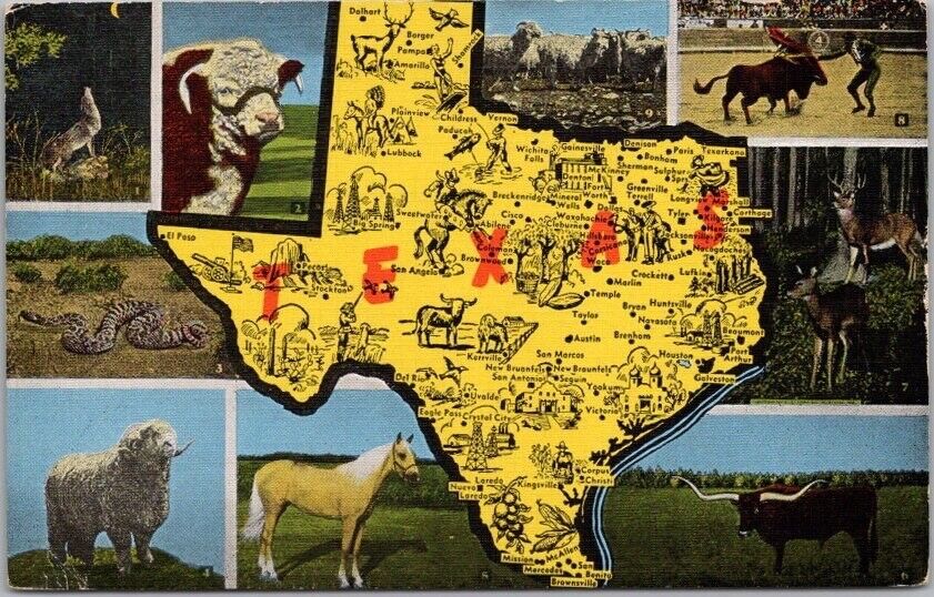 c1940s TEXAS Multi-View / State Map Greetings Postcard / 9 State Scenes / Linen