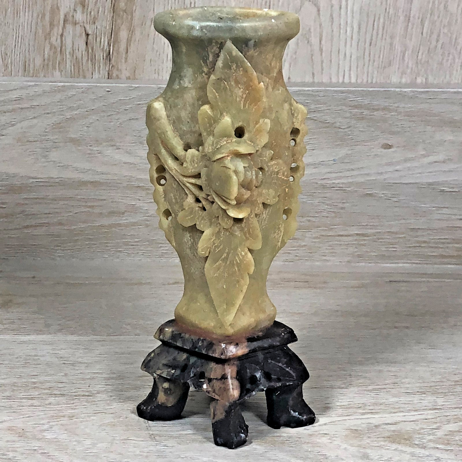 VTG Hand-Carved Soapstone Vase Floral Relief Sculpture Mid-Century Decor VTG Hand-Carved Soapstone Vase Floral Relief Sculpture Mid-Century Decor