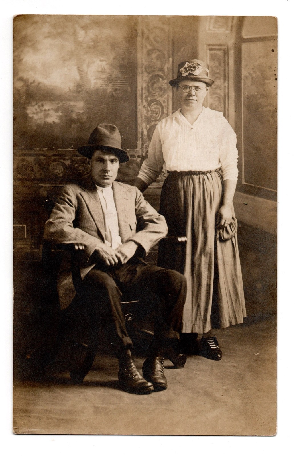 Edwardian Studio Portrait Man & Woman Standing Real Photo Postcard RPPC Unposted