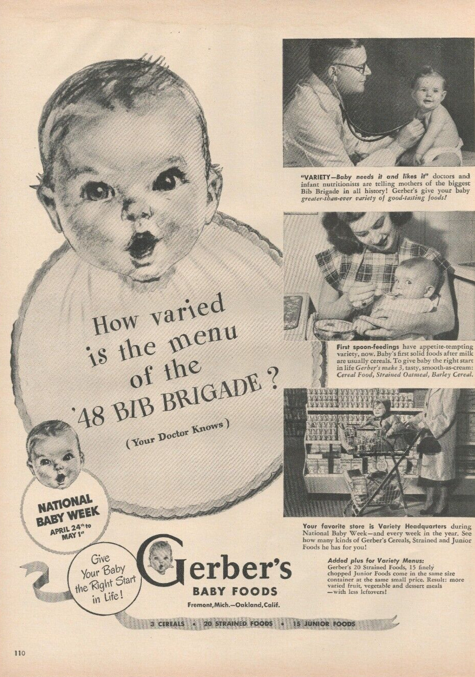 1948 Gerber's Baby Food Varied Is The Menu 48 Bib Brigade Doctor Knows Print Ad