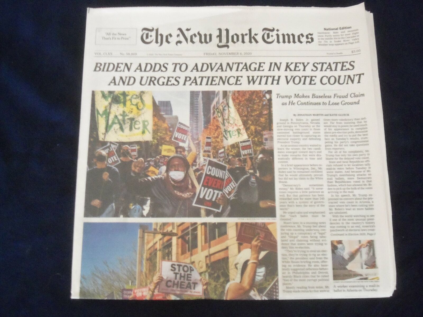 2020 NOV 6 NEW YORK TIMES -BIDEN ADDS TO ADVANTAGE IN KEY STATES, URGES PATIENCE