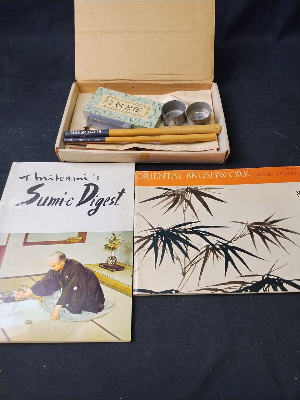 Vintage Japanese Calligraphy Set with Stone, Brushes, Trays, & Books
