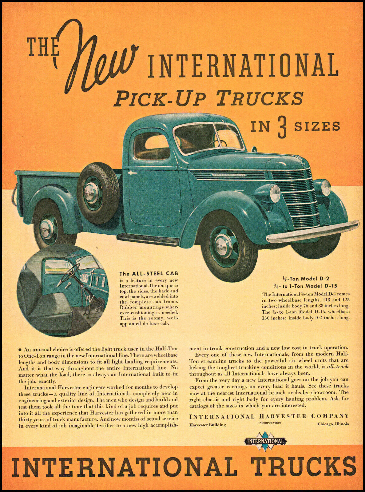 1937 International Pick-Up Trucks steel cab new models vintage art print ad L58