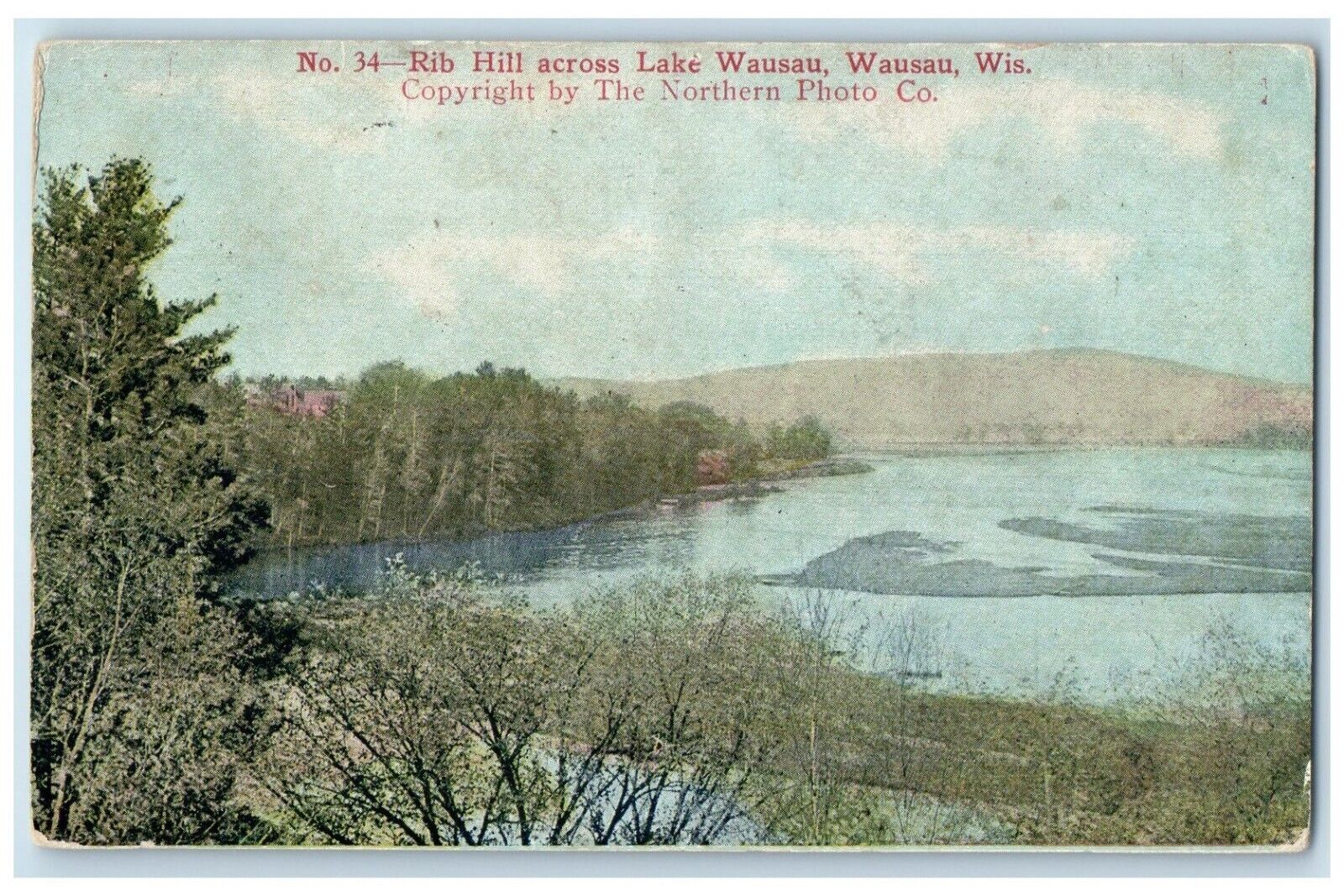 1914 Scenic View Rib Hill Across Lake Wausau Wisconsin Vintage Antique Postcard