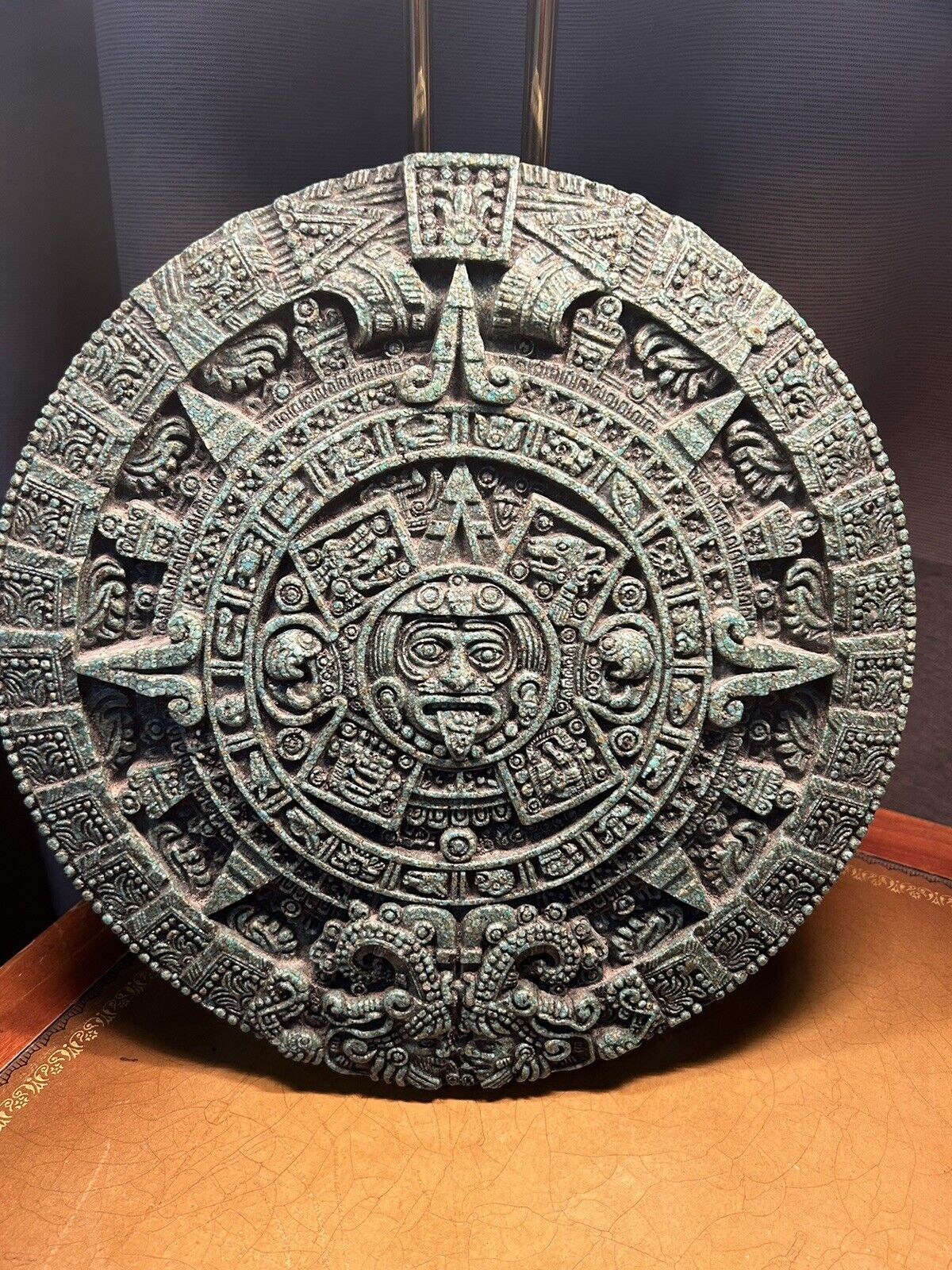 Vintage Aztec Mayan Calendar Sun Stone Malachite Green 13” Wall Plaque