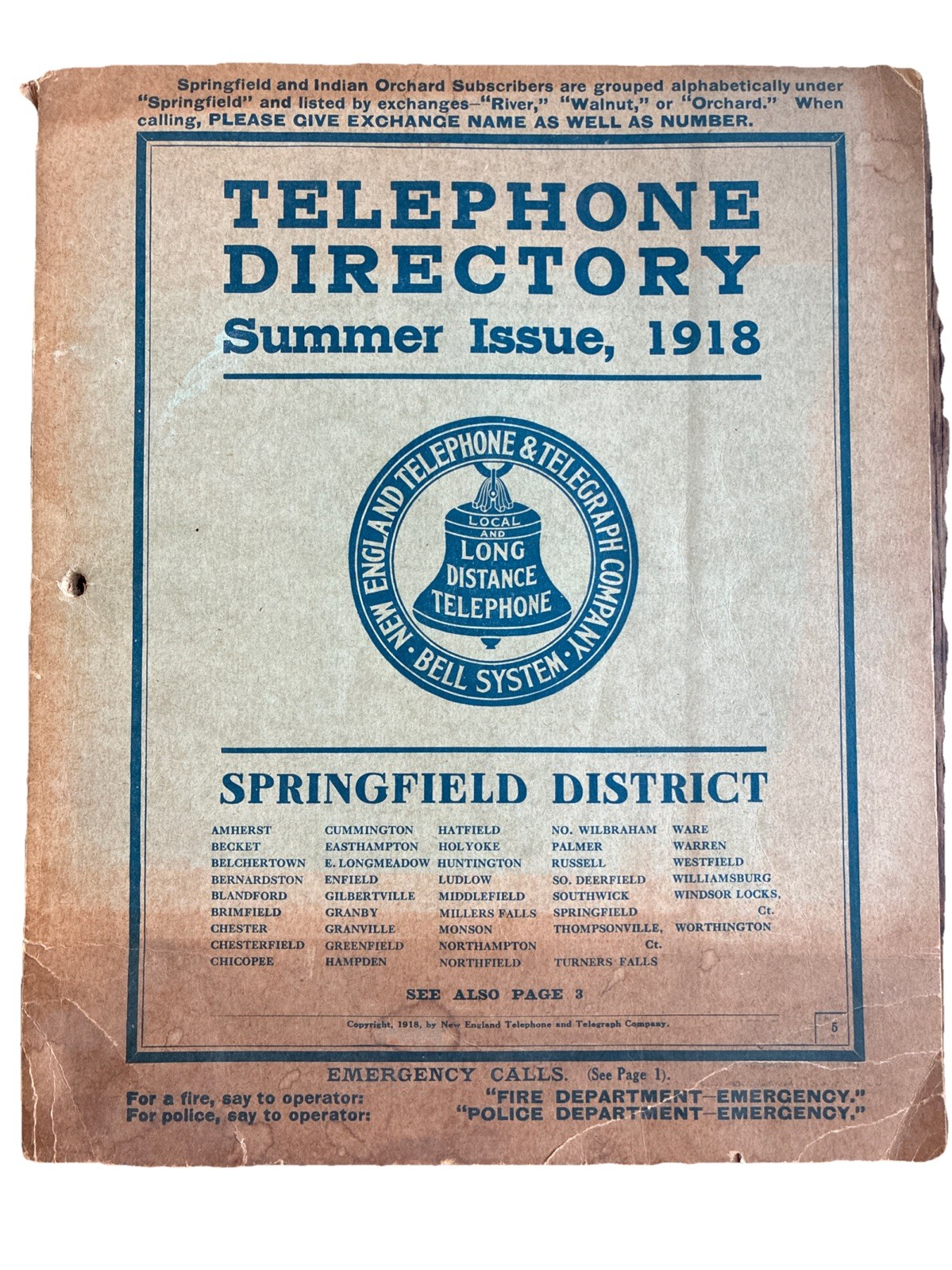 Springfield 1918 MA New England Telephone and Telegraph Phone Directory 124 Pgs