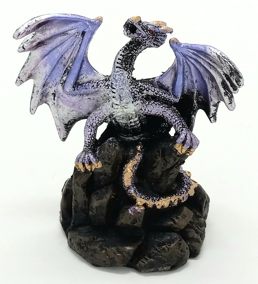 Roaring Medieval Purple Mini Dragon Figurine Sitting on Crystal Rock
