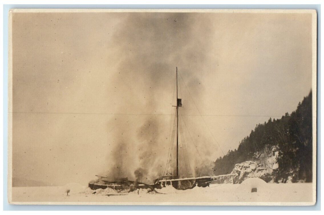 c1918 Ship Stuck In Ice Frozen Rabineau Lake Placid NY RPPC Photo Postcard