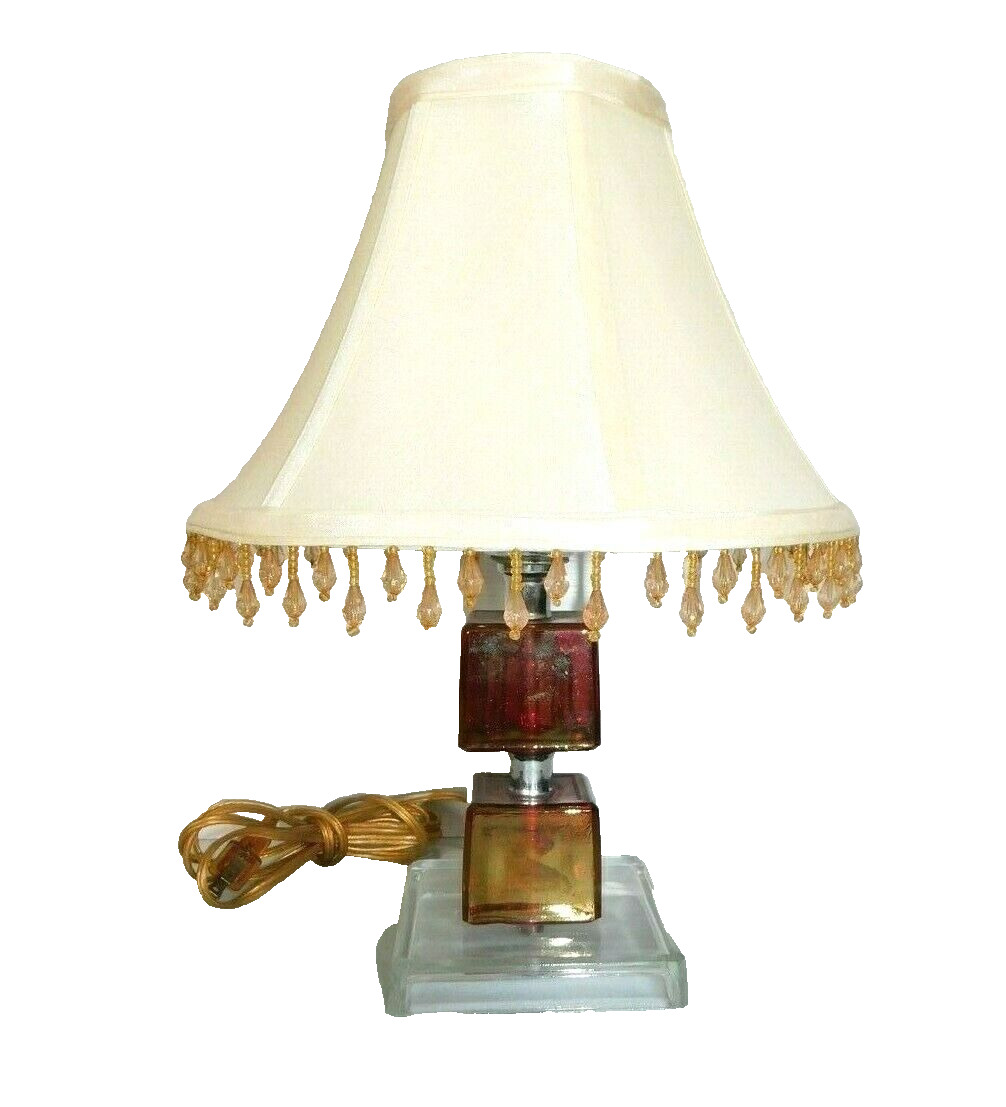 Vintage brown glass accent, table lamp with shade, approx 14 inches tall