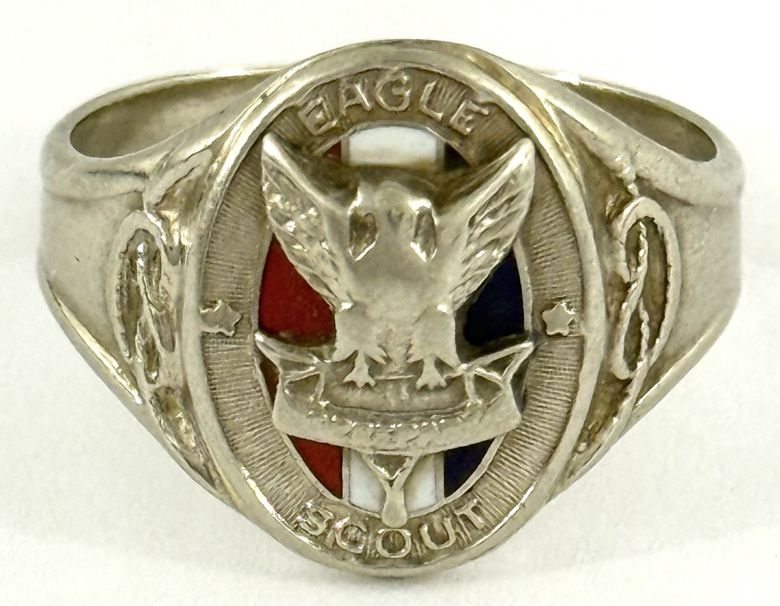 Rare 1930’s Boy Scouts BSA 10K White Gold Enamel Eagle Scout Ring Size 8.75 Rare 1930’s Boy Scouts BSA 10K White Gold Enamel Eagle Scout Ring Size 8.75
