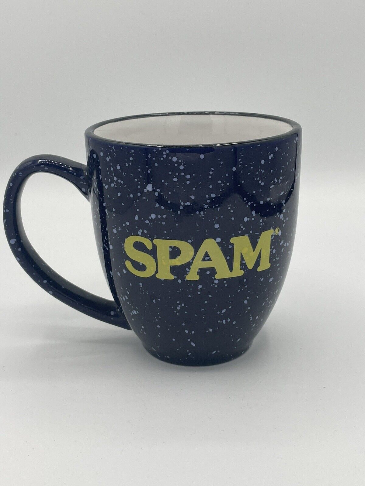 SPAM mug. Cobalt Blue Speckle And Yellow Lettering. Hormel Foods.